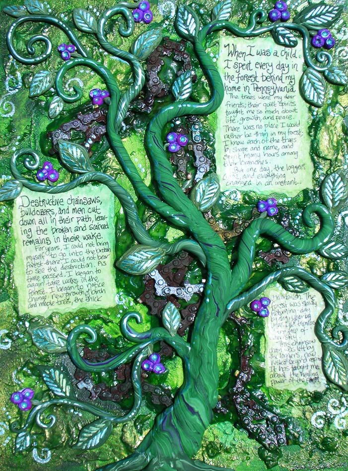 Mixed Media piece I finished a few years ago.  I "liberated" a rusty chainsaw from a forest that was logged to create a story of peace and healing. 