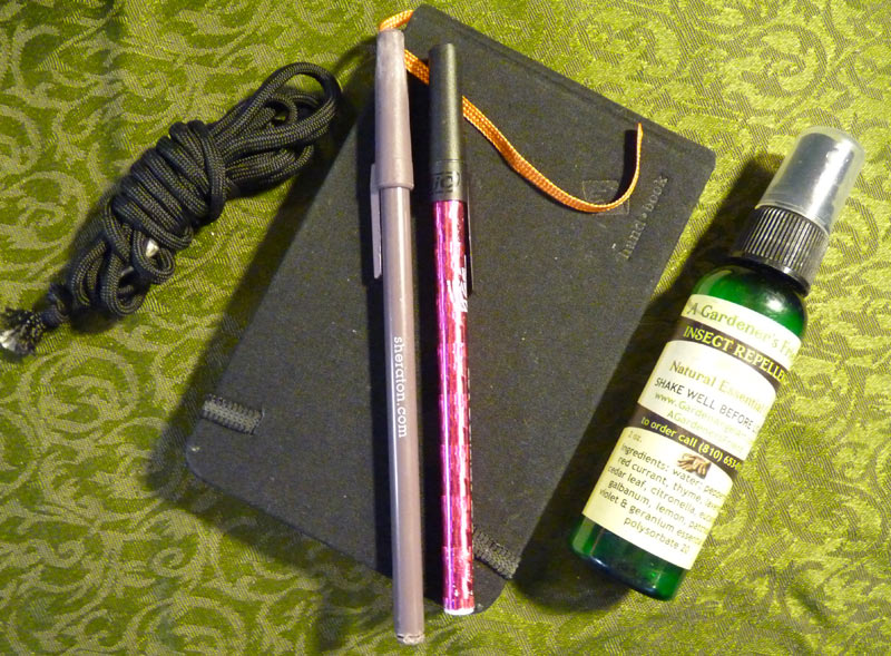 Journal, pens, paracord, and natural bug spray
