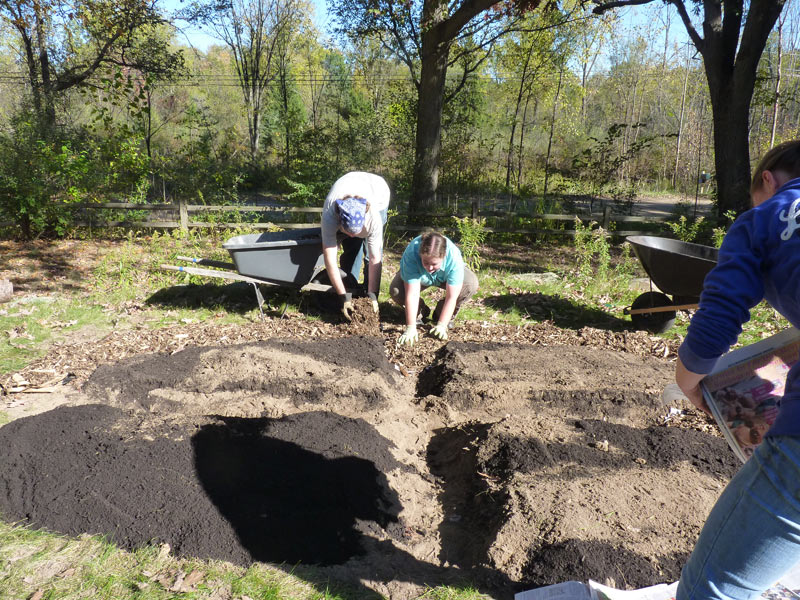 Adding mulch to the bed