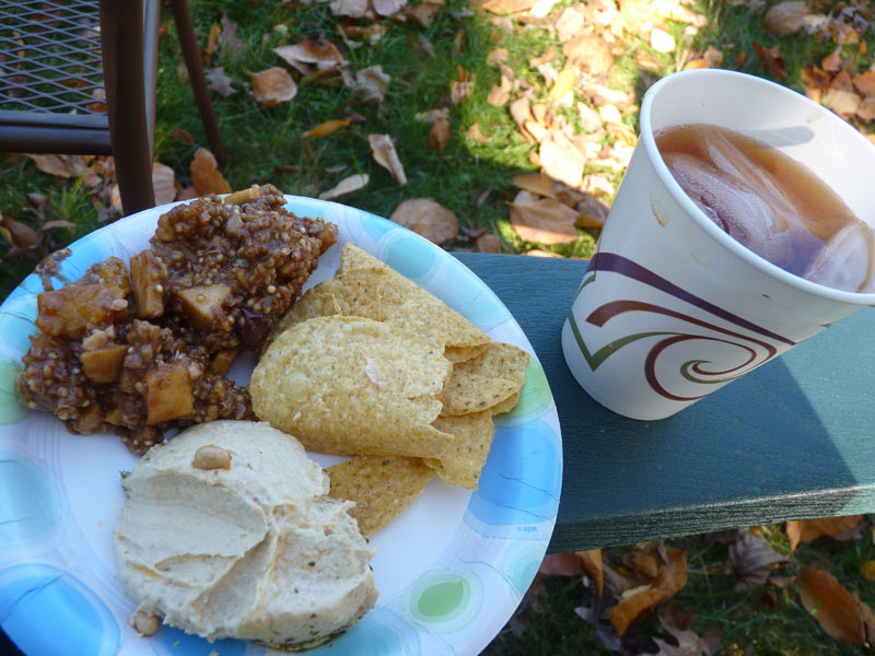 Enjoying fresh pressed apple cider and good food!