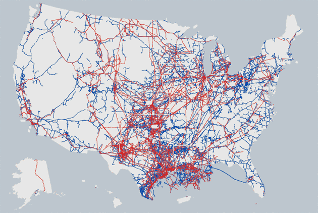 Pipelines across the USA - 2.8 million miles of them (map from Pipeline Hazardous Materials and Safety Administration)