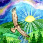 The Hawk of May soaring in the heights of the morning at the rising sun