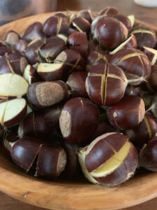 Sliced chestnuts ready to roast