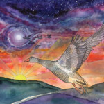 This is a painting in honor of my sweet goose who passed too soon--Curious Ivy's spirit flying into the sunset, honking and joyful, being released after such suffering and pain.