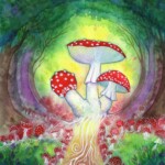 Amanita mushroom in a sunlit glade - this was an image I was given to paint from the Amanita as part of my own pre-ritual work.